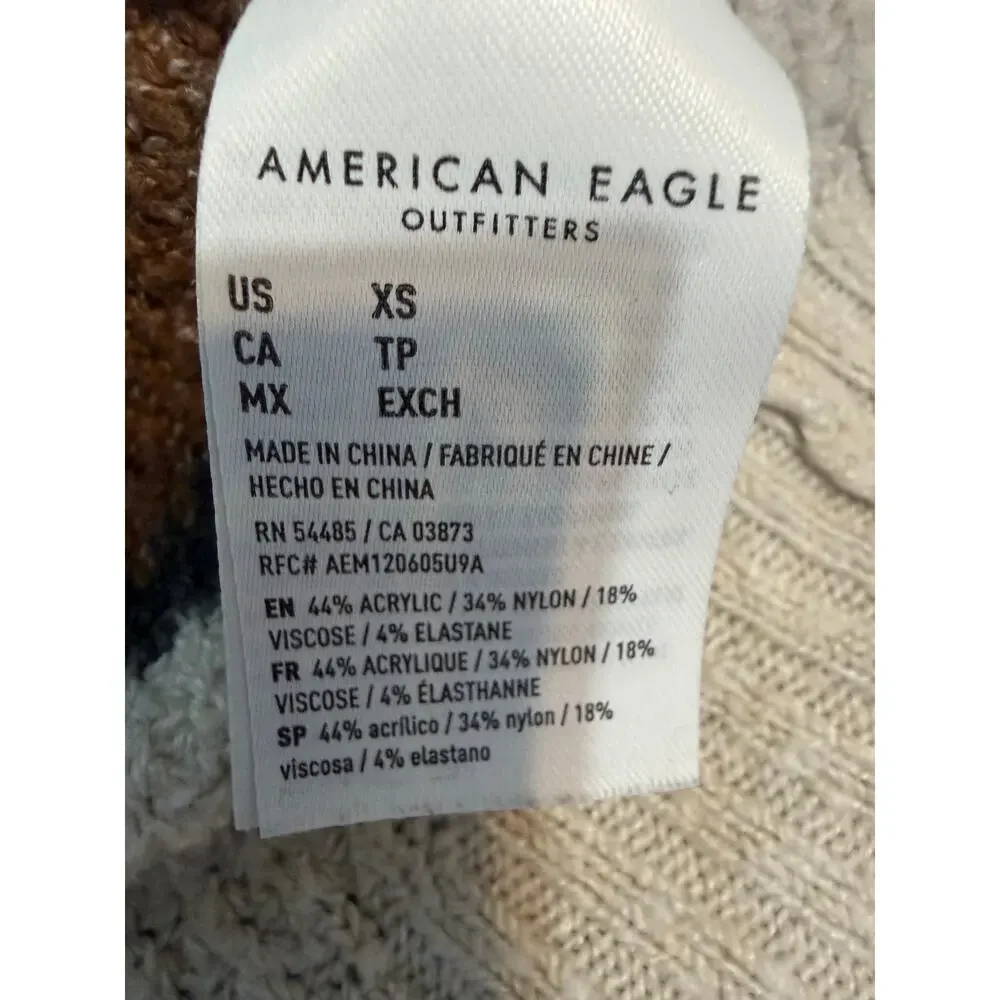 American Eagle Waffle Knit Sweater XS Cream Brown Stripe Oversized Cozy Pullover